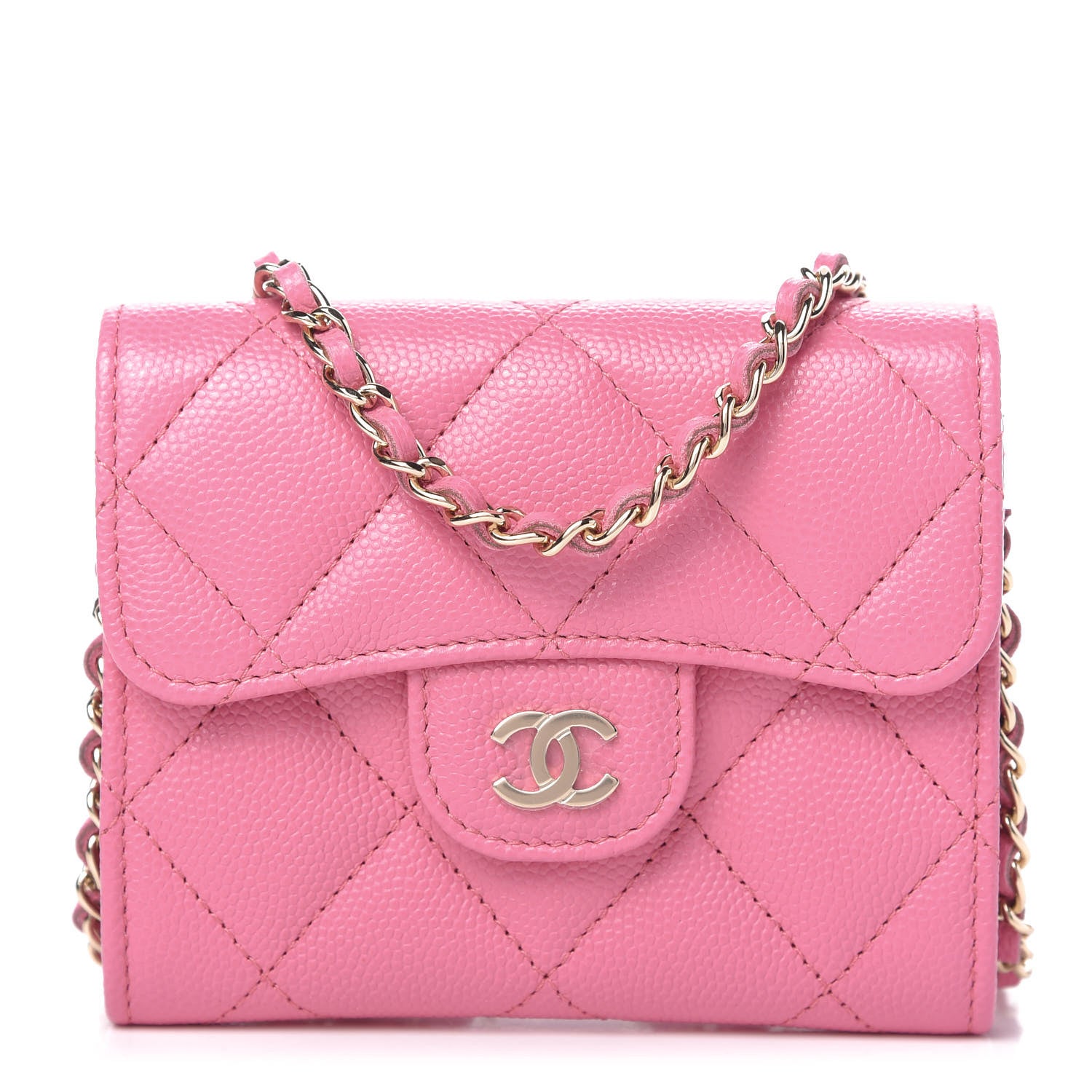 Chanel Caviar Quilted Flap Card Holder On Chain Pink 1 of 11