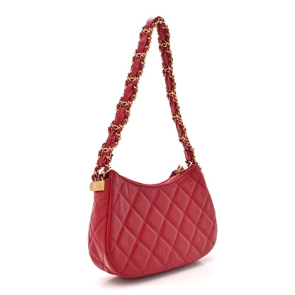 Chanel Crumpled Calfskin Quilted Braided CC Small Hobo Red 3 of 16