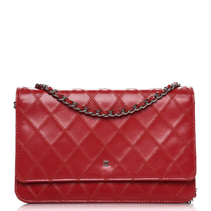 Chanel Calfskin Diamond Stitch Wallet On Chain WOC Red 1 of 9