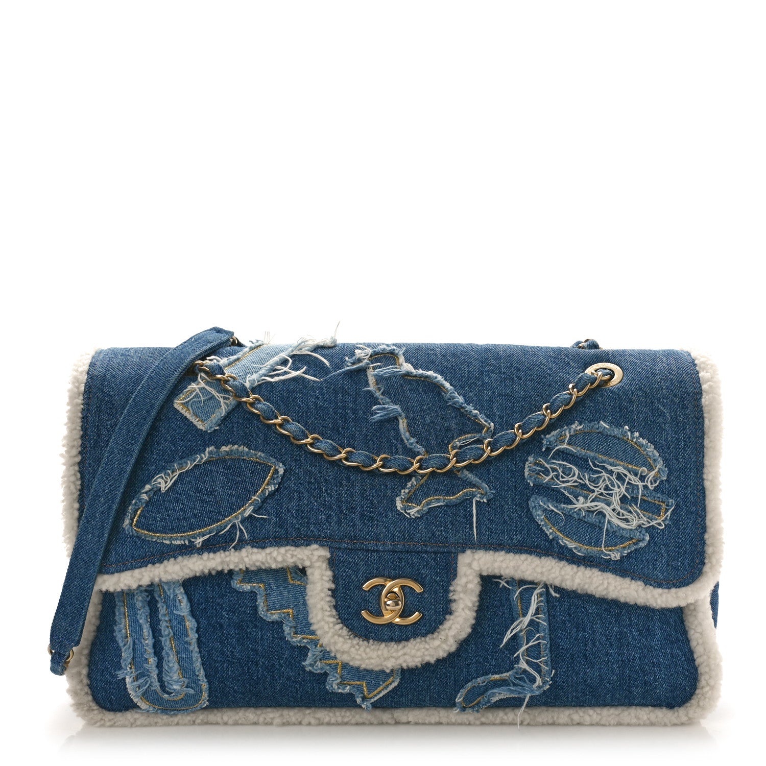 Chanel Denim Shearling Hieroglyph Flap Blue 1 of 9
