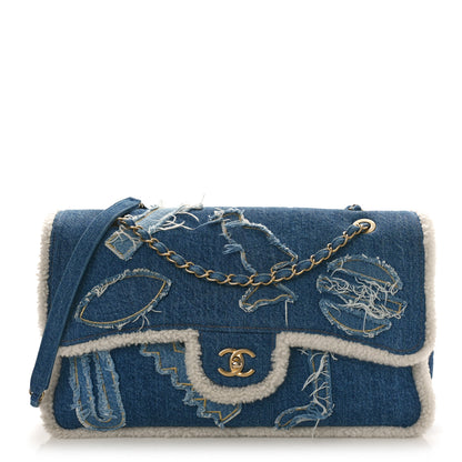 Chanel Denim Shearling Hieroglyph Flap Blue 1 of 9