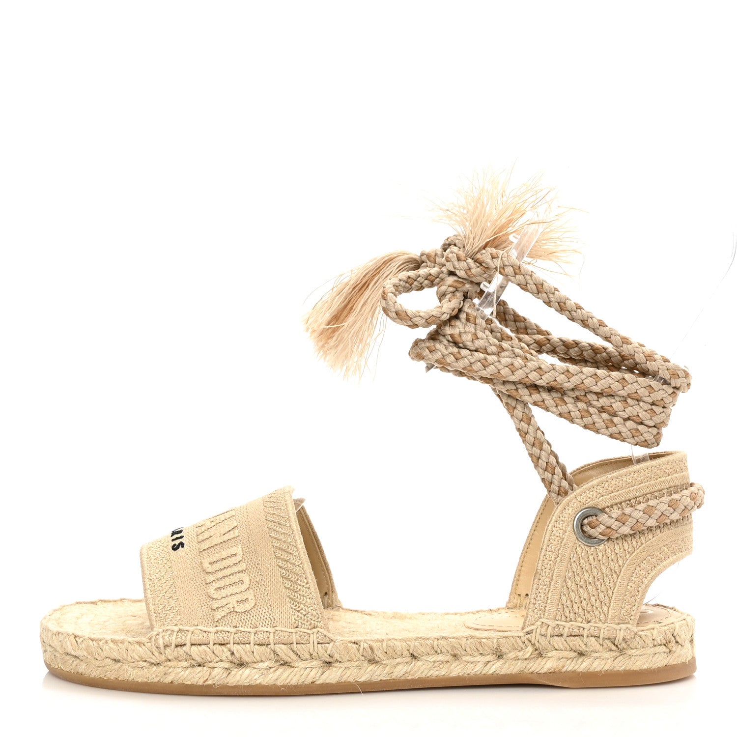 Christian Dior Canvas Embroidered Granville Ankle Tie Espadrille Flat Sandals 38 Cream 1 of 8