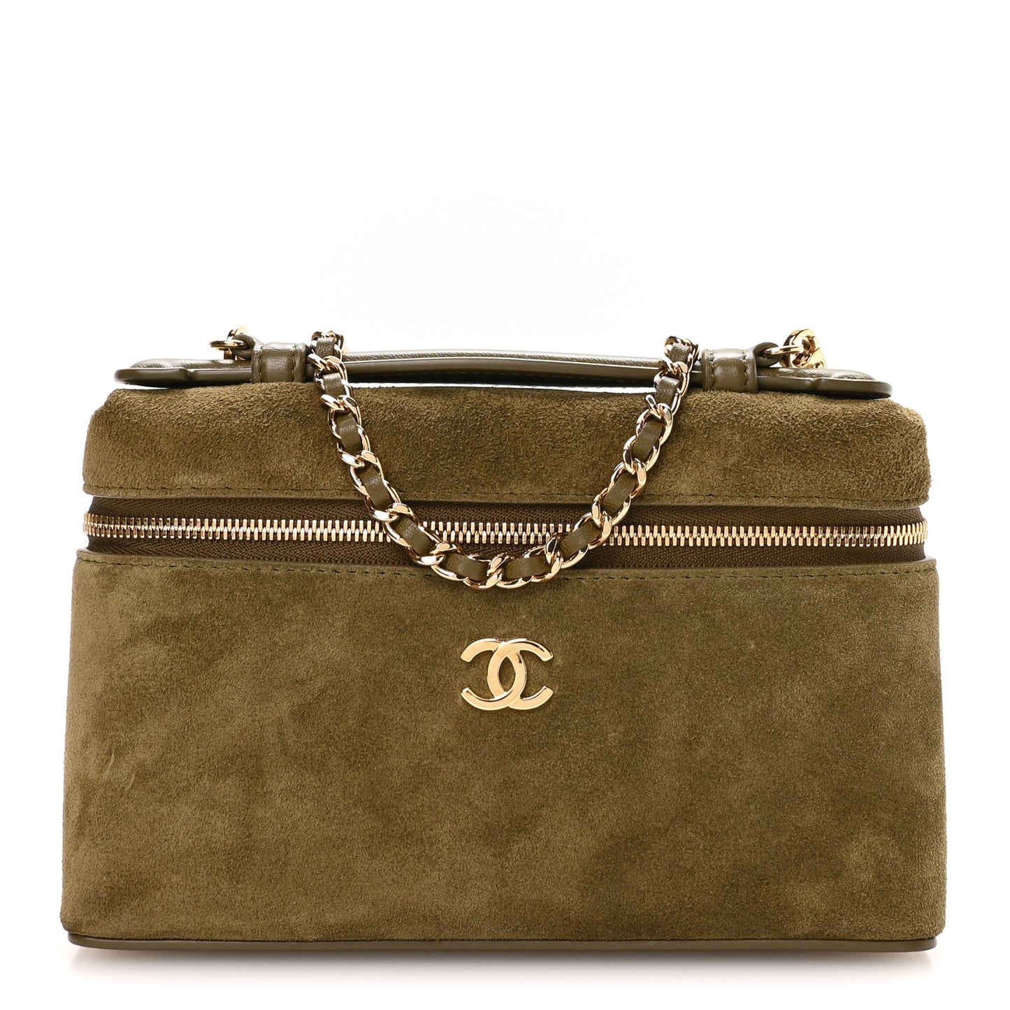 Suede Calfskin Top Handle Slim Vanity Case With Chain Dark Khaki