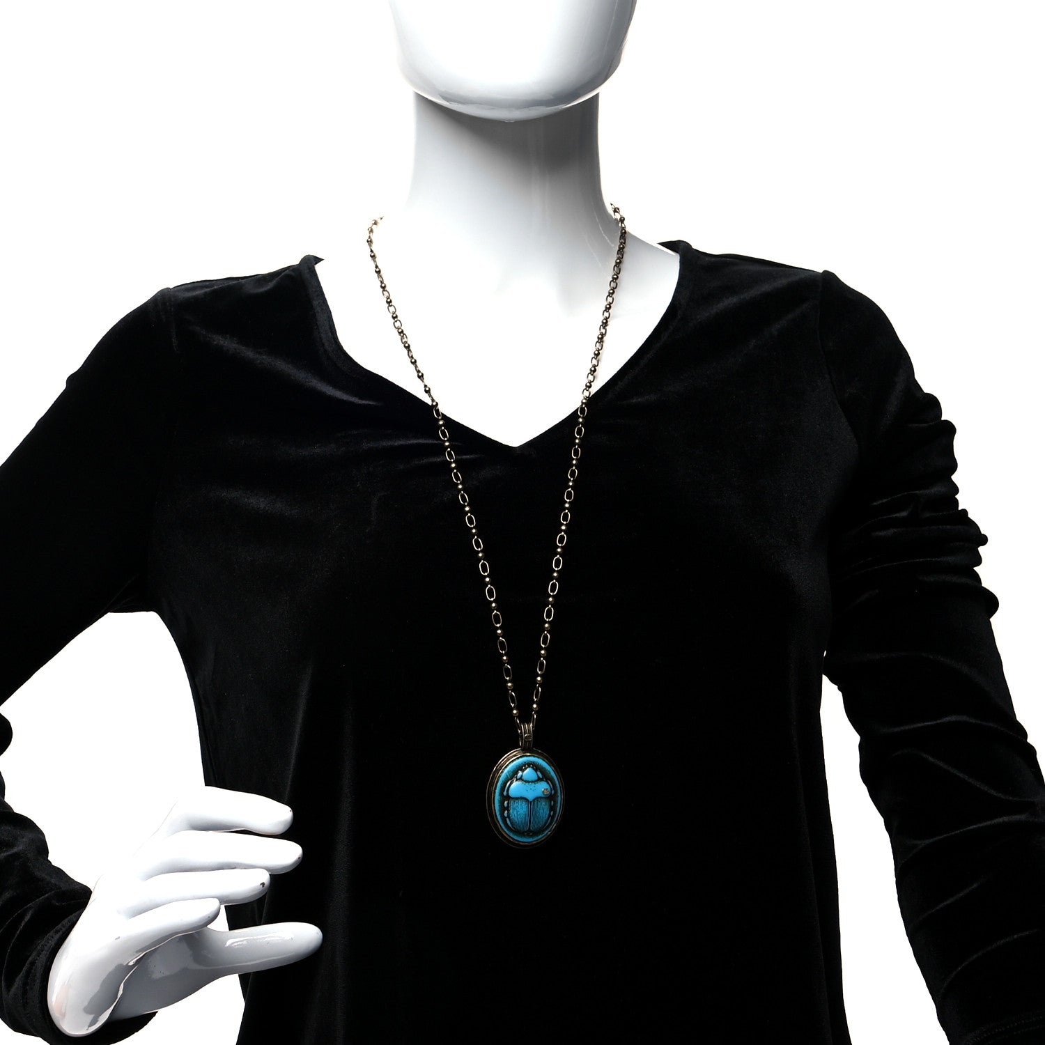 Gucci Metal Scarab Cameo Pendant Necklace Aged Gold Blue 2 of 4