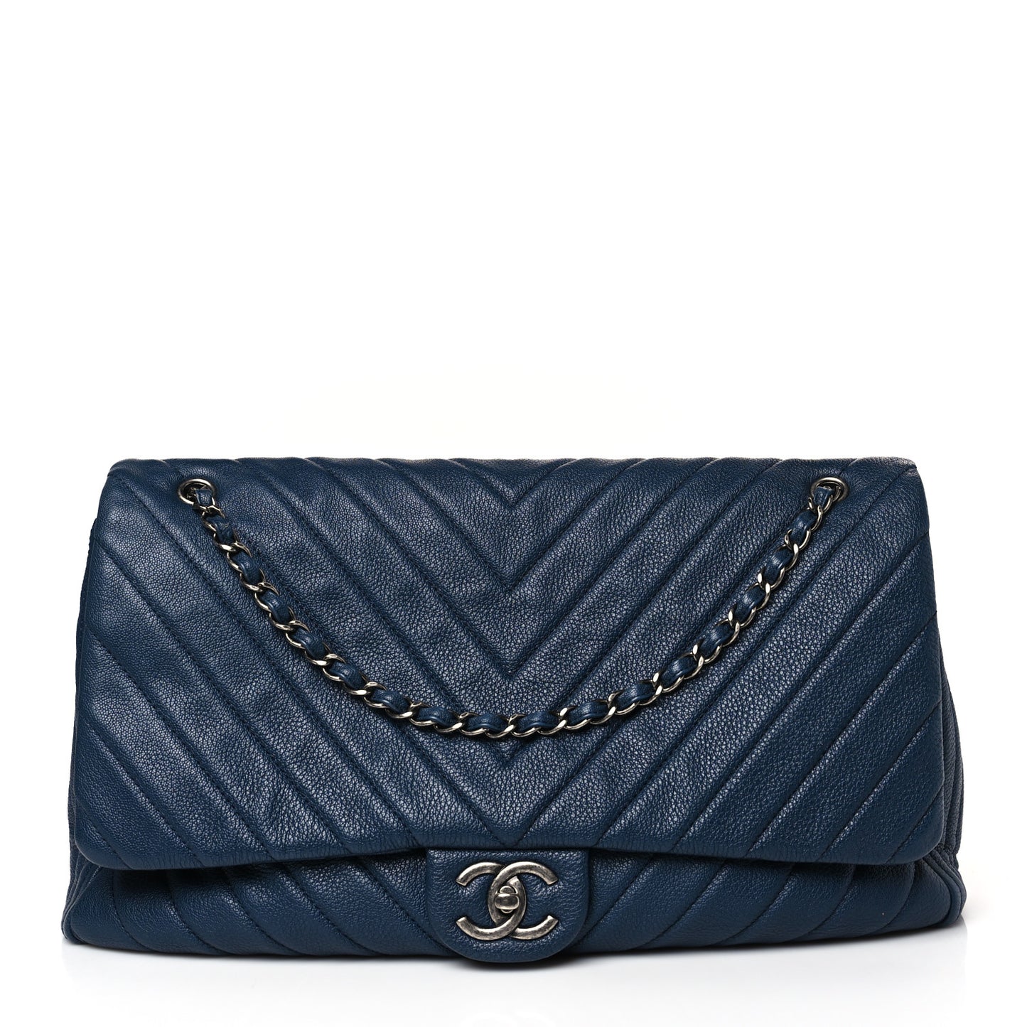 Calfskin Chevron Quilted XXL Travel Flap Bag Blue