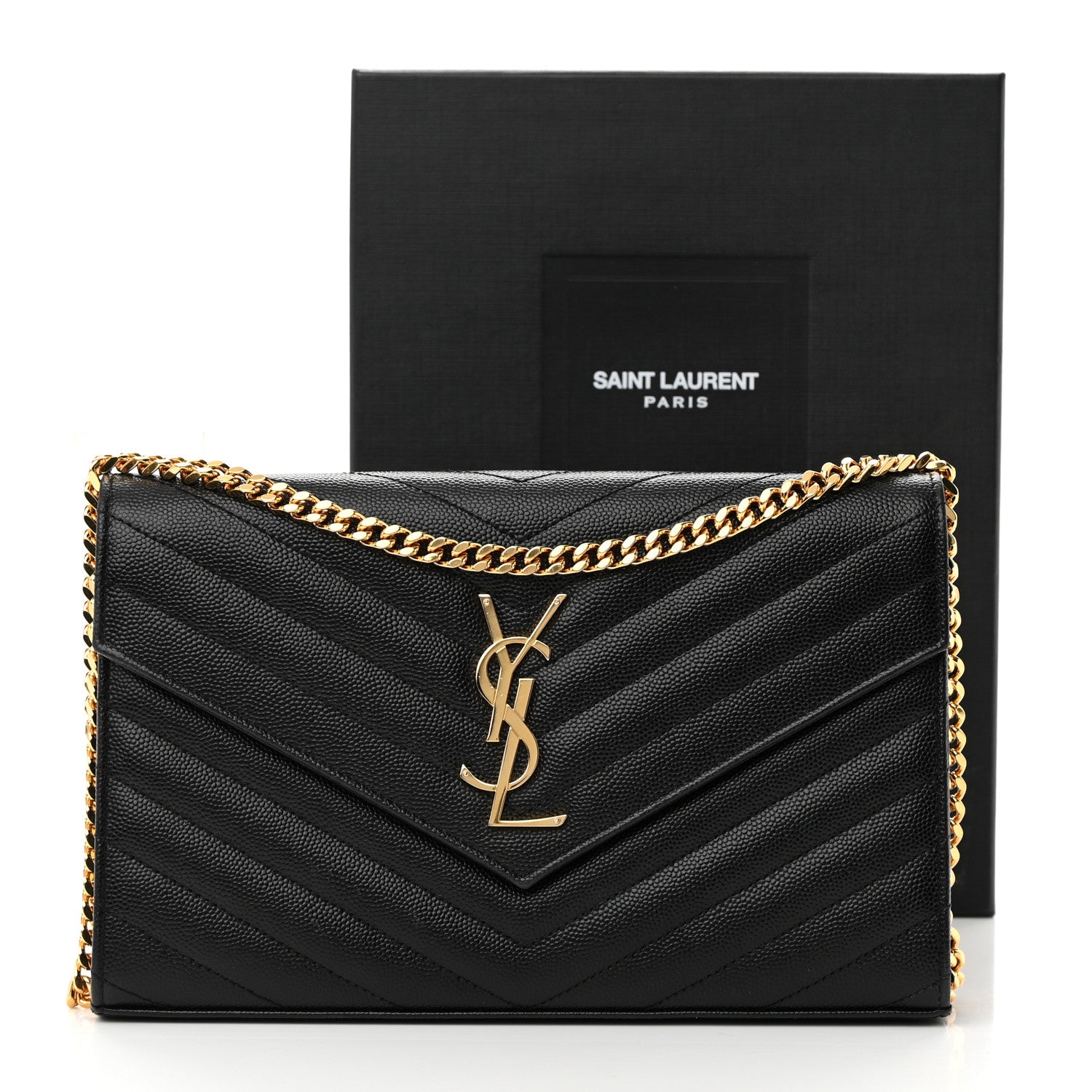 Saint Laurent Grain De Poudre Matelasse Chevron Monogram Chain Wallet Black 15 of 15