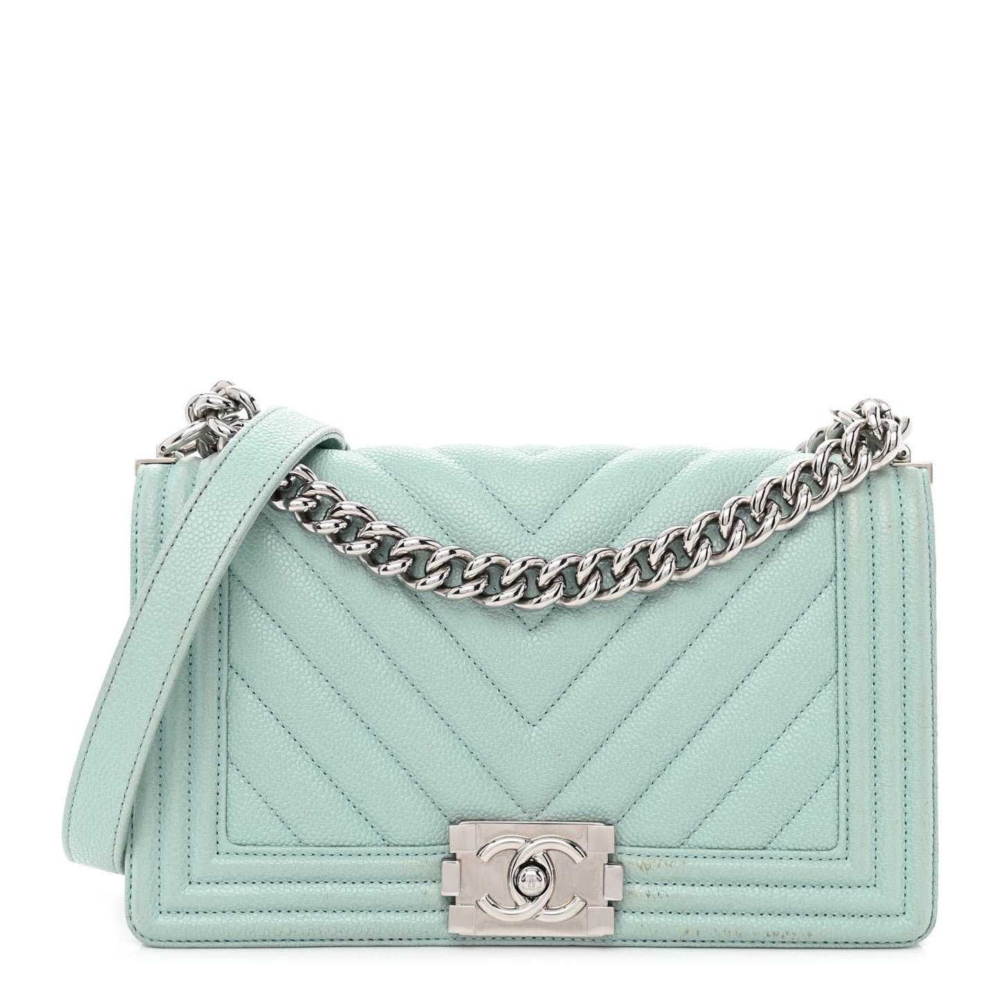 Caviar Chevron Quilted Medium Boy Flap Light Blue