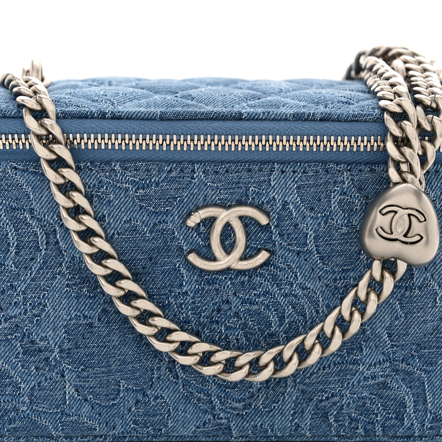 Chanel Denim Quilted Sweetheart Small Vanity Case With Chain Blue 8 of 11
