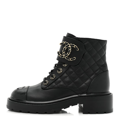Chanel Lambskin Calfskin Quilted Lace Up Combat Boots 36 Black 1 of 8