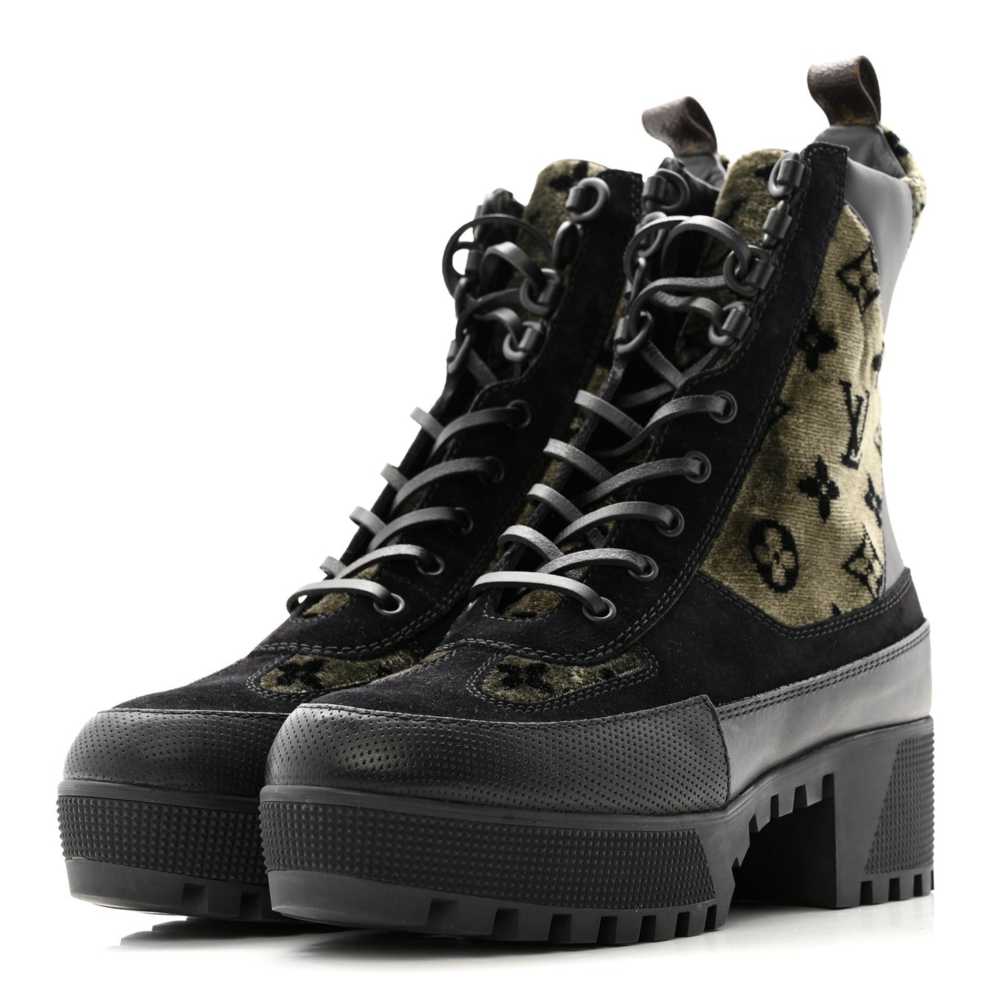 Velvet Calfskin Monogram Laureate Platform Desert Boots 40 Black Green
