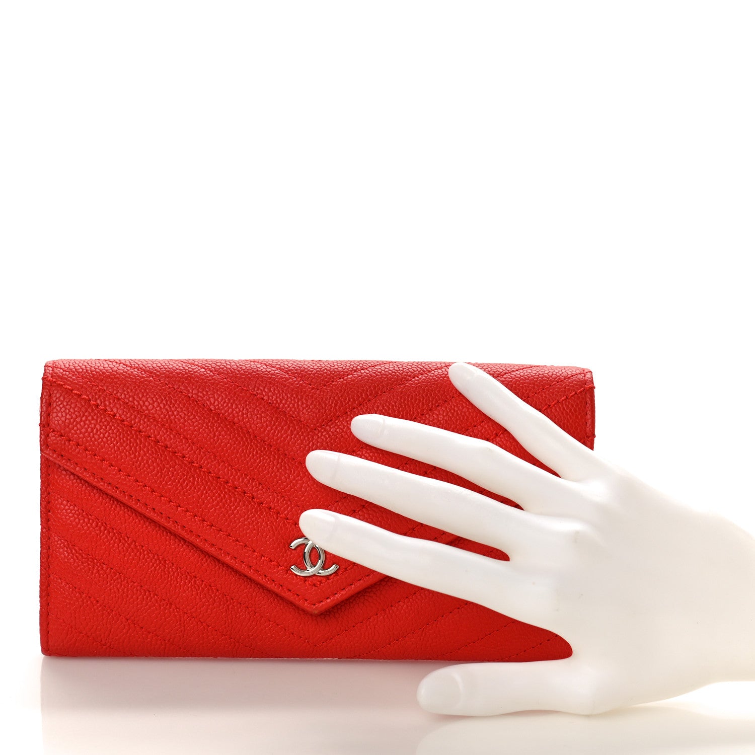 Chanel Caviar Chevron Quilted Large Gusset Flap Wallet Red 2 of 9