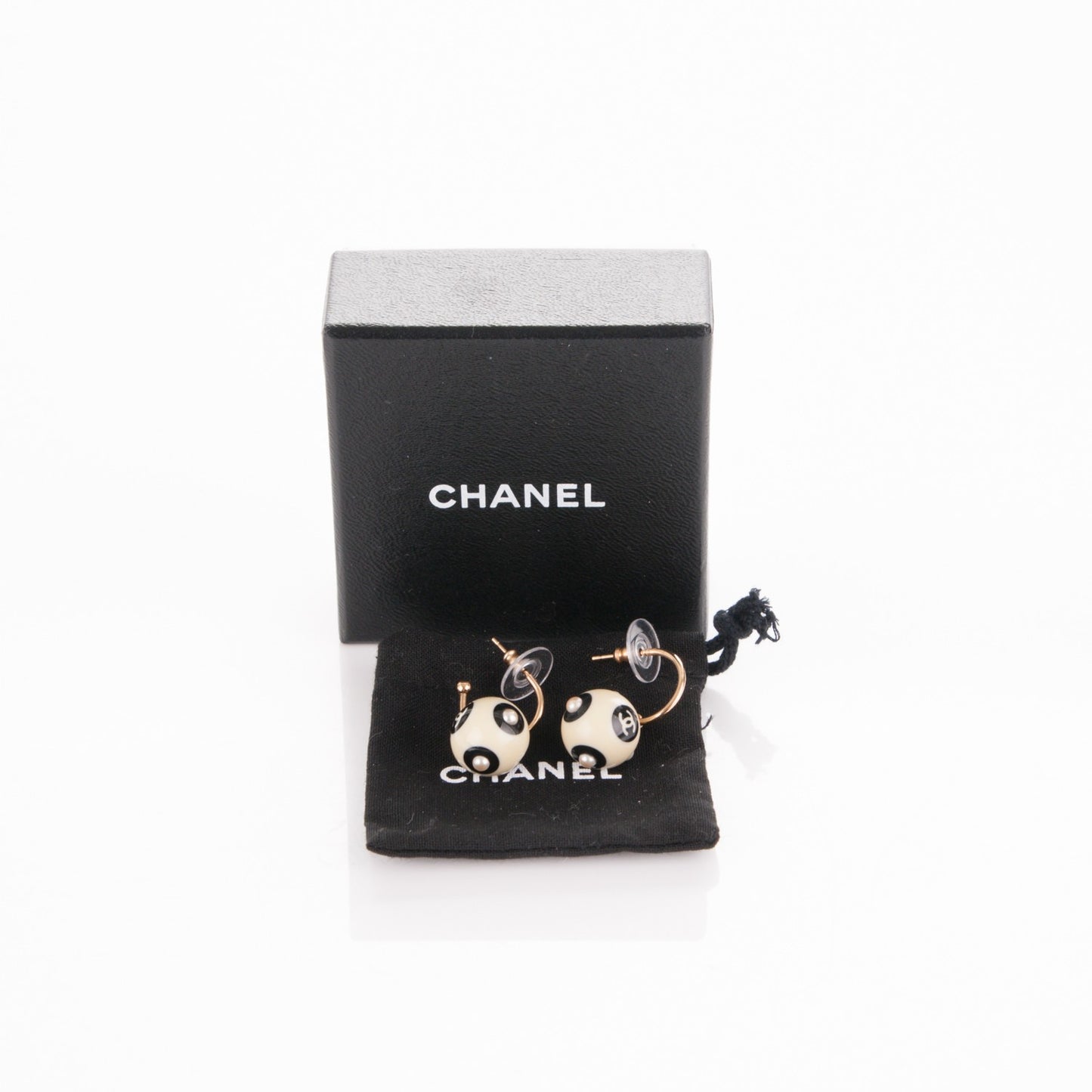 Enamel Pearl CC Drop Earrings Black White