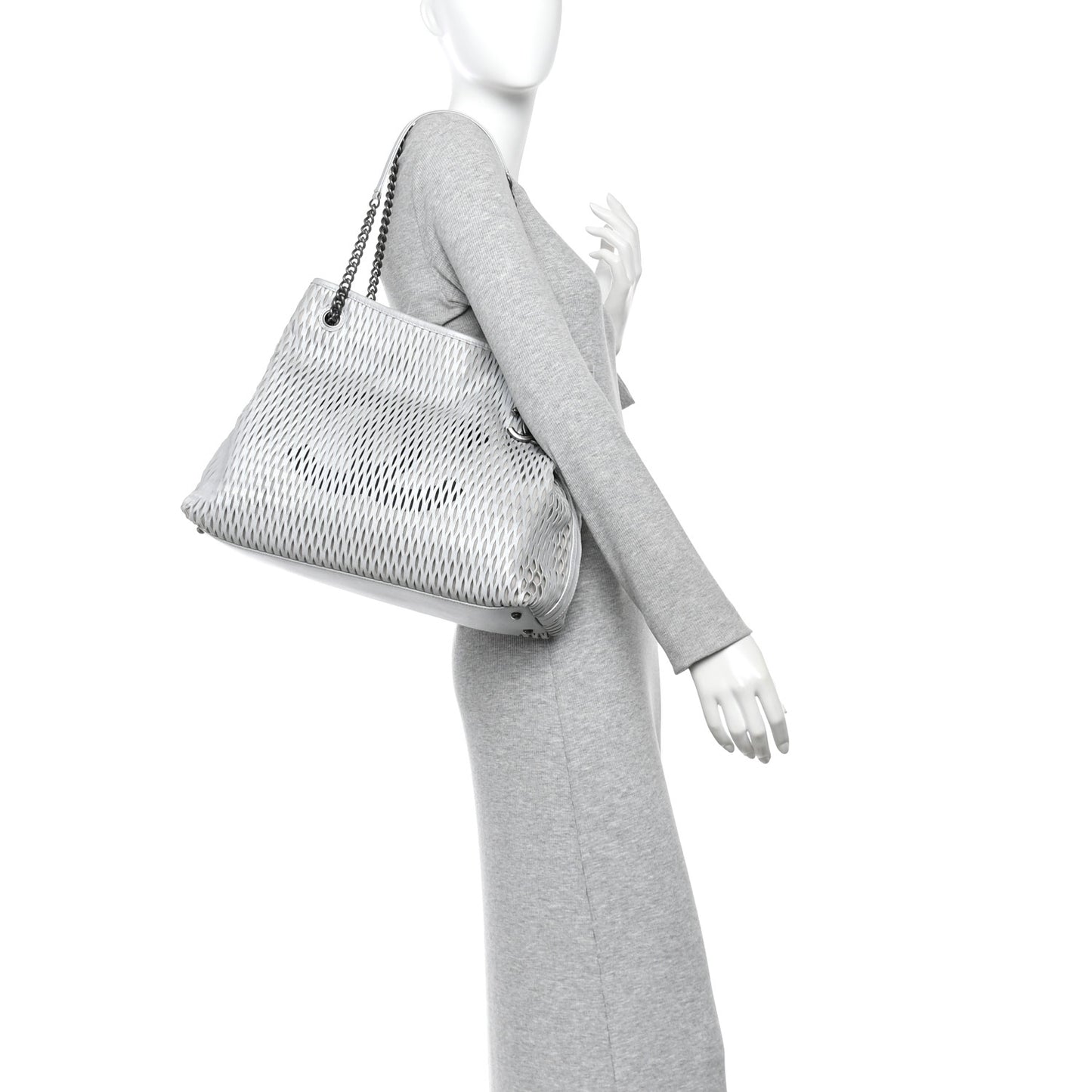 Calfskin Laser Cut Perforated CC Tote Silver