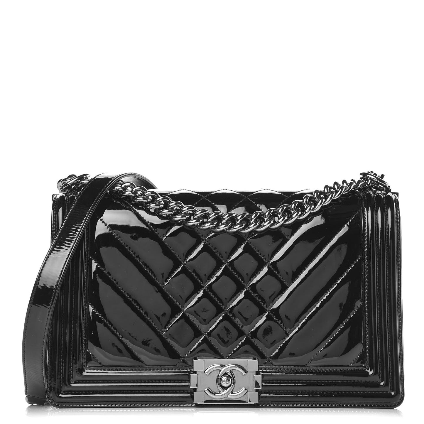 Patent Chevron Quilted New Medium Boy Flap Black