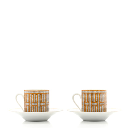 Hermes Porcelain Mosaique Au 24 Gold Coffee Cup and Saucer Set of 2 2 of 9