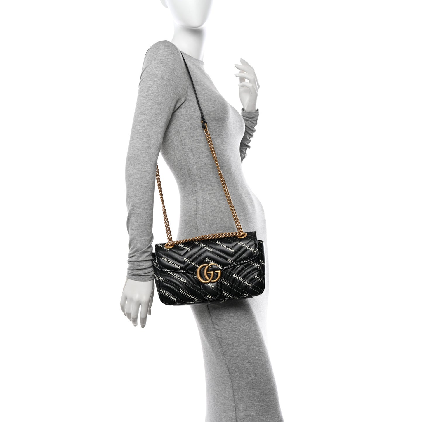 X BALENCIAGA Calfskin Matelasse Logo Print Small GG Marmont Shoulder Bag Black