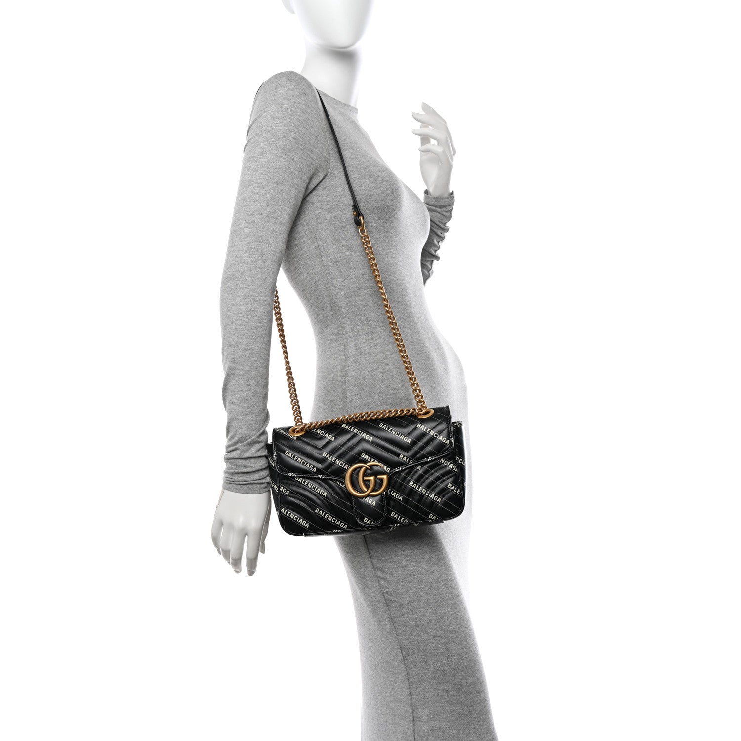 Gucci X BALENCIAGA Calfskin Matelasse Logo Print Small GG Marmont Shoulder Bag Black 2 of 10