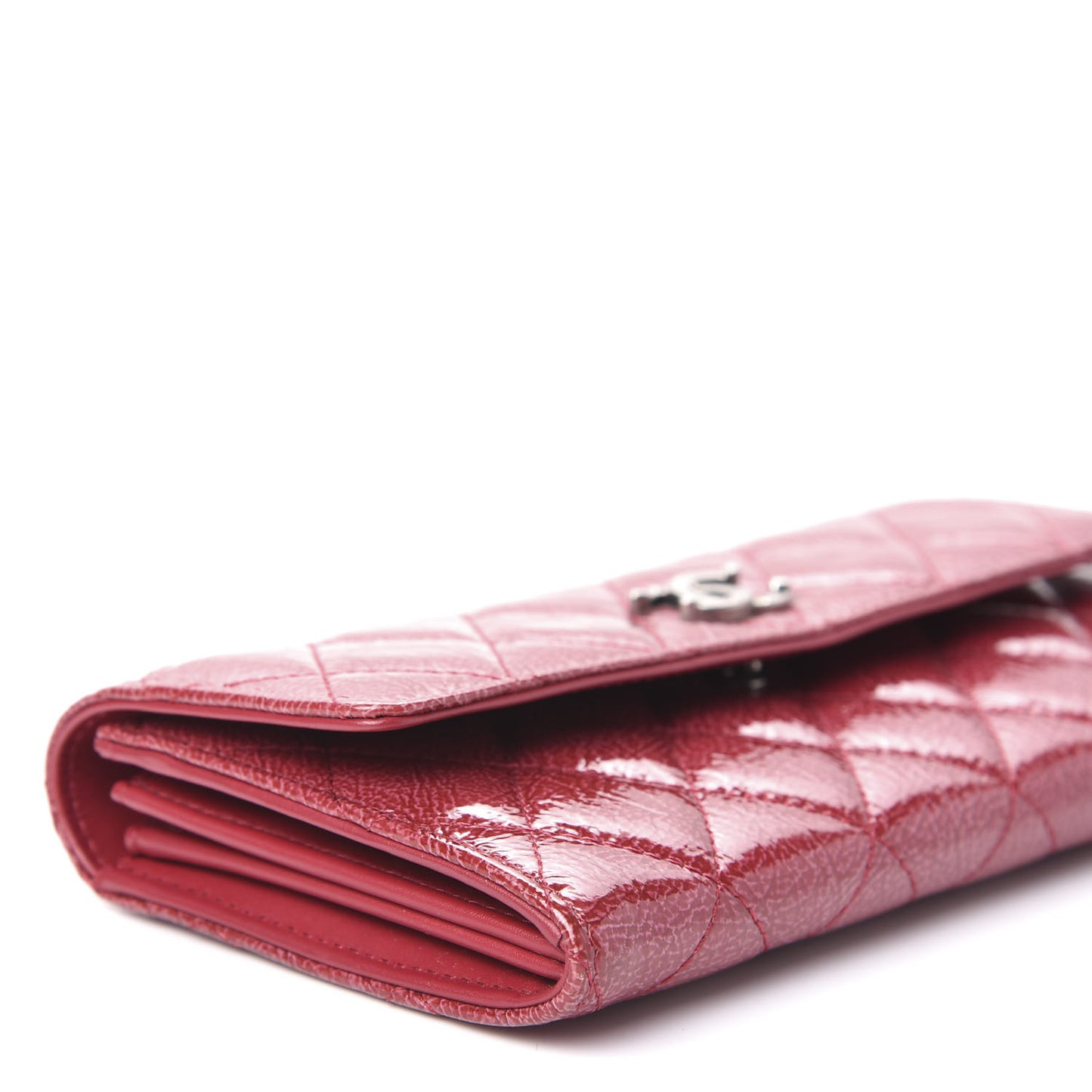 Distressed Patent Calfskin Quilted Large Flap Wallet Dark Pink