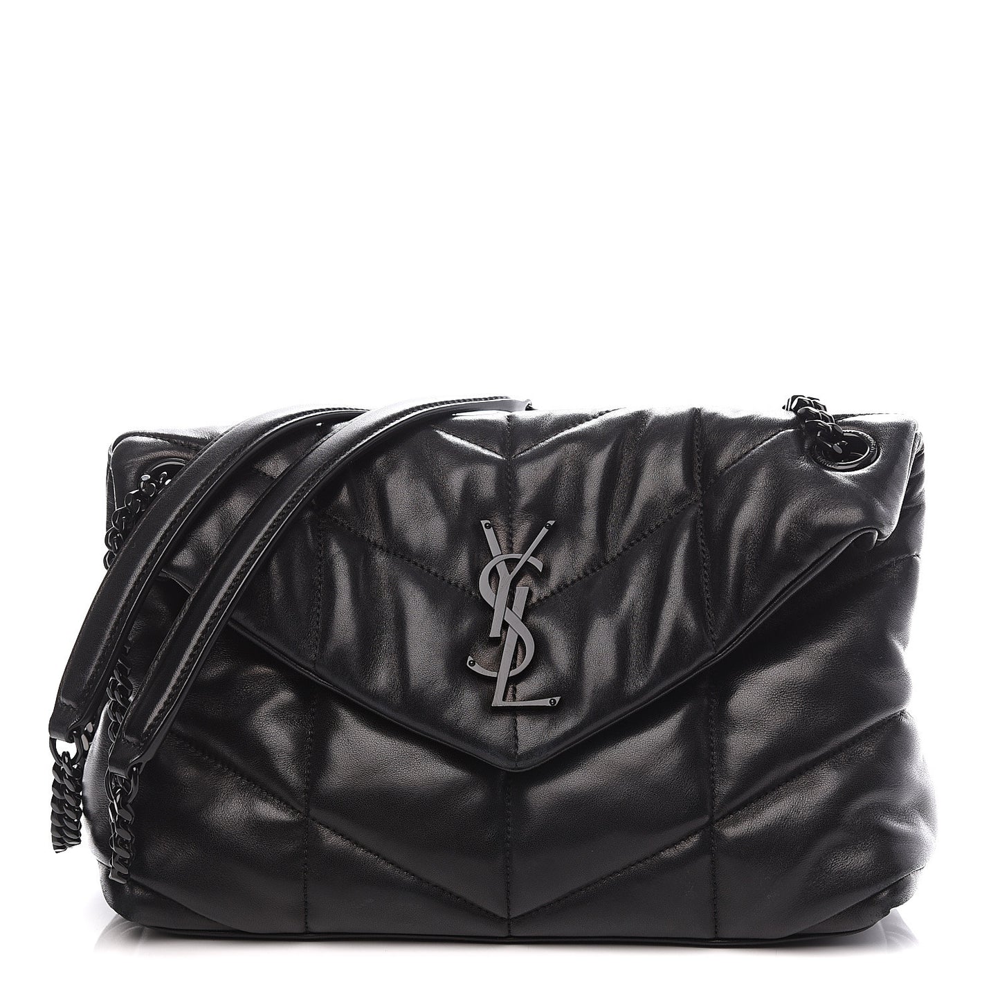 Lambskin Quilted Small Loulou Puffer Monogram Chain Satchel Black