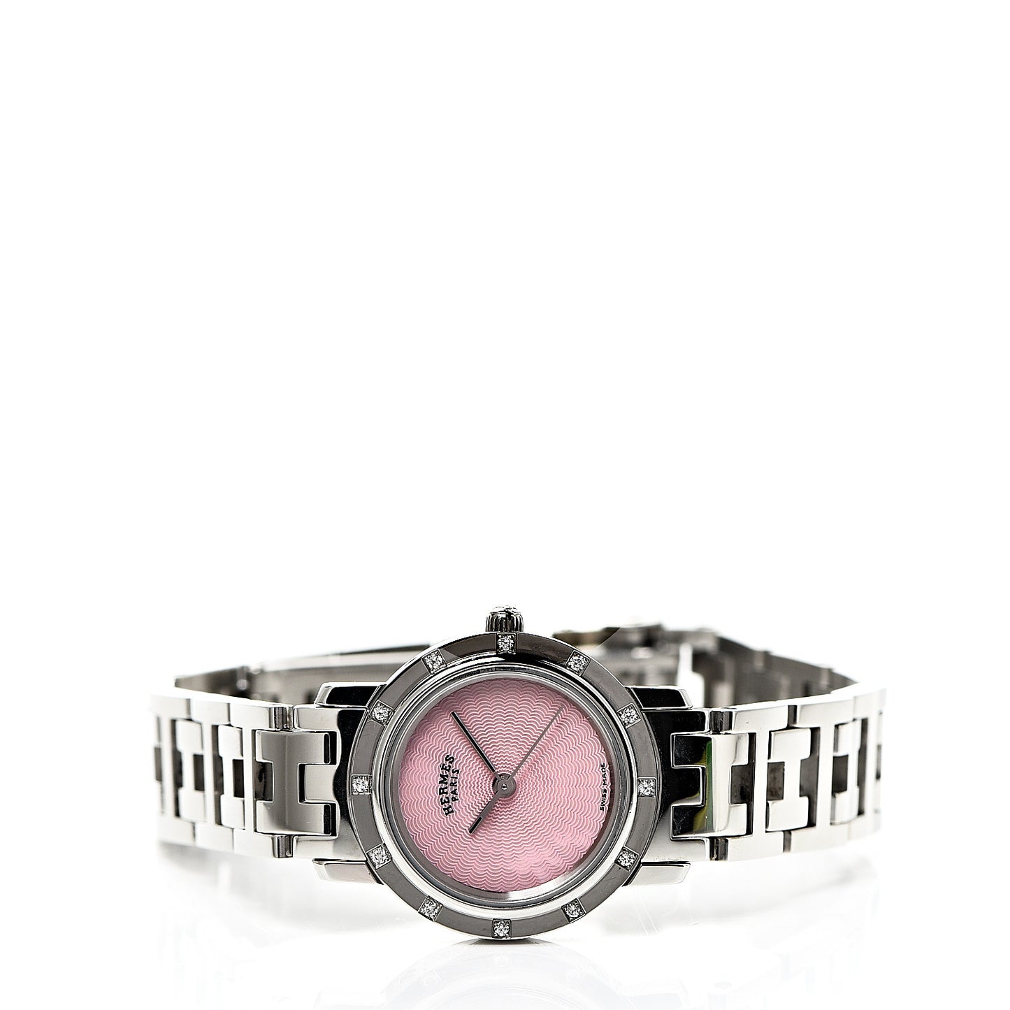 Stainless Steel Diamond 23mm Clipper Quartz Watch Pink Guilloche