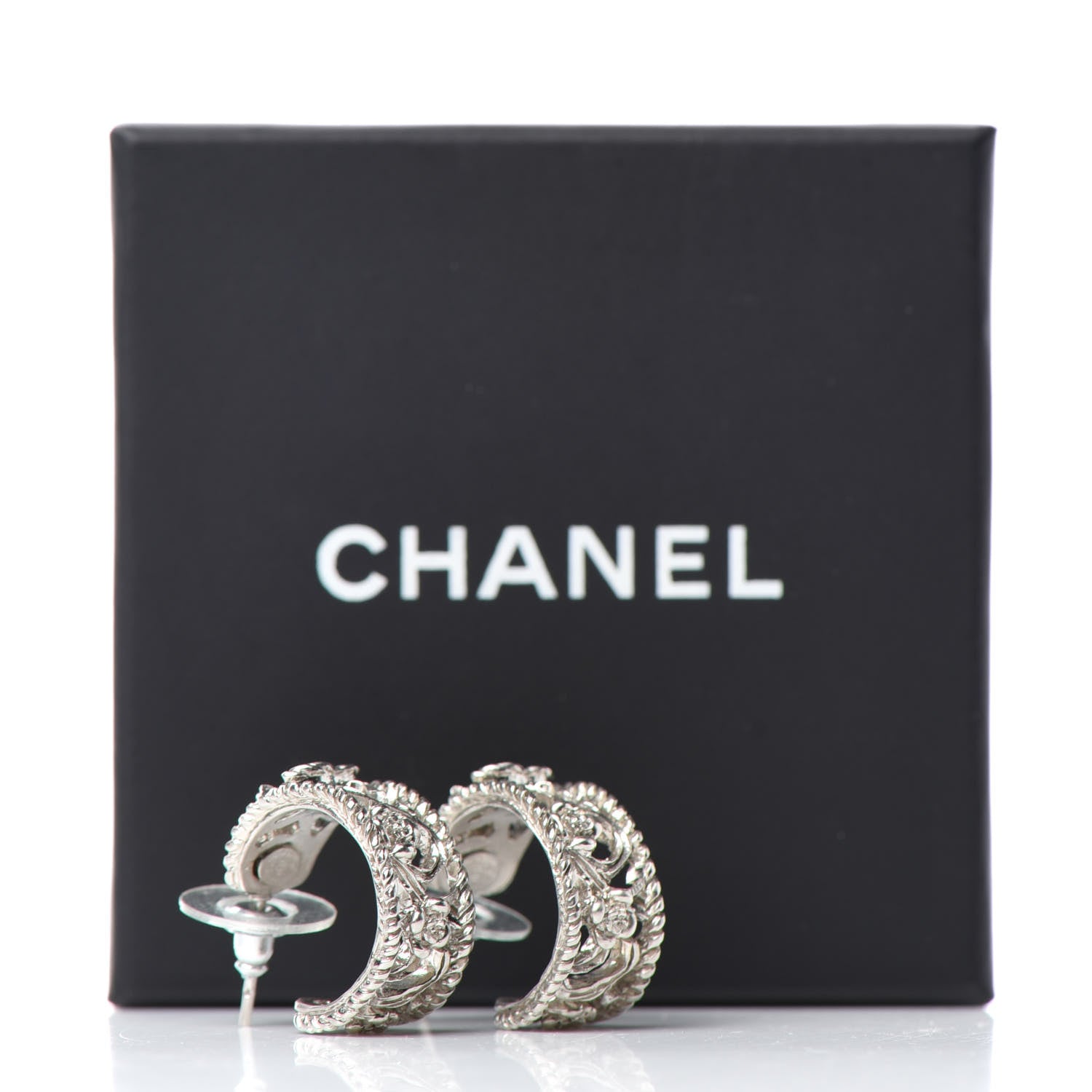 Chanel CC Camellia Hoop Earrings Silver 5 of 5