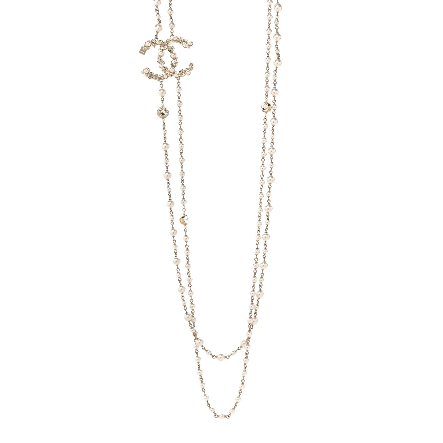 Crystal Pearl CC Charms Long Necklace Gold
