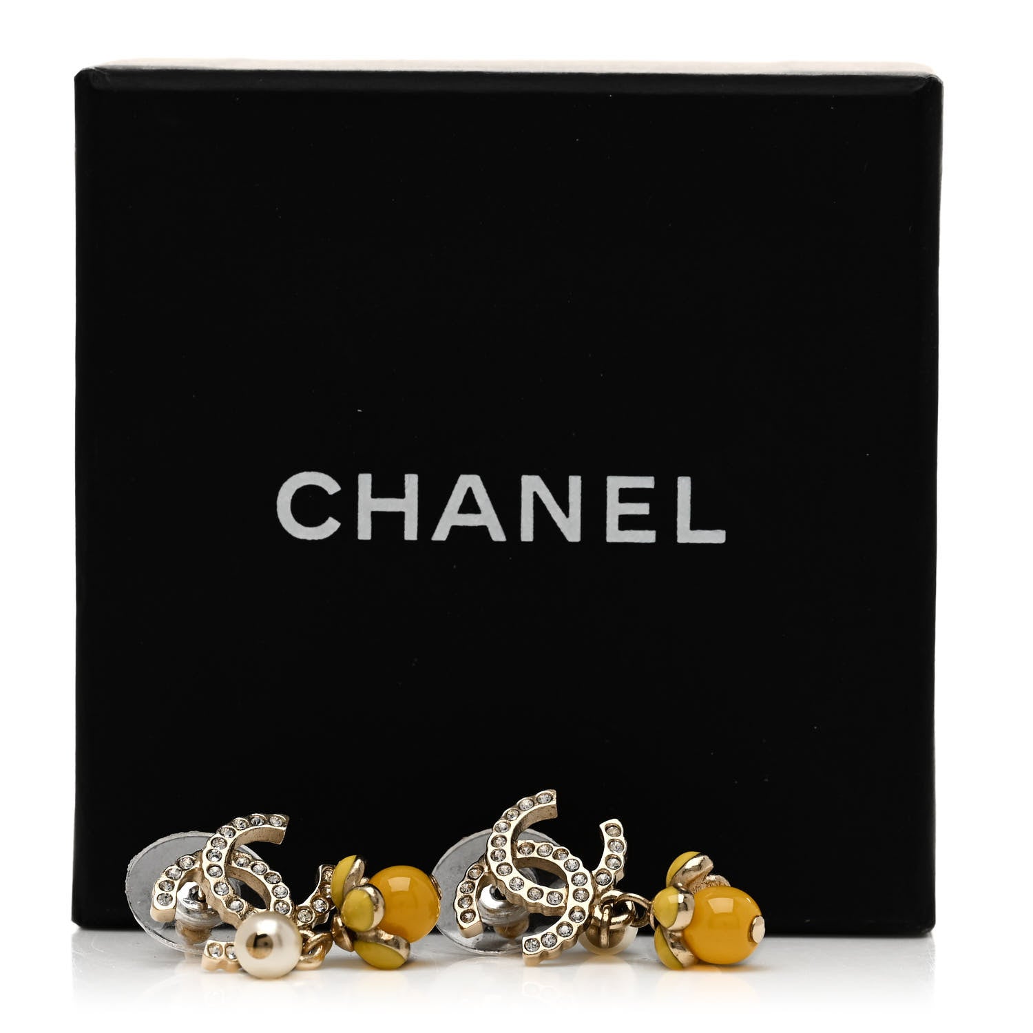 Chanel Metal Crystal Bead Pearl CC Drop Earrings Gold White Yellow 5 of 5