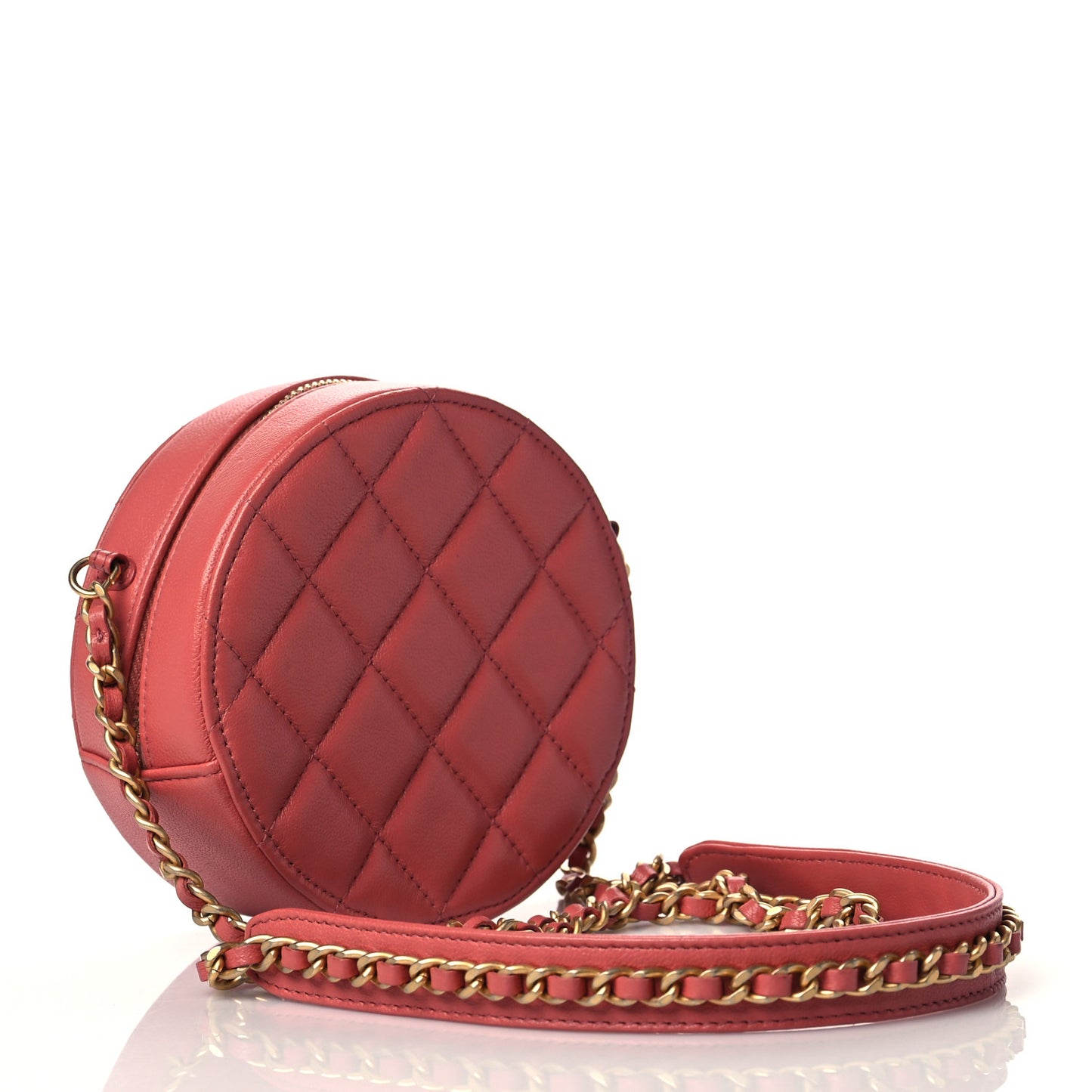 Goatskin Quilted Chanel 19 Round Clutch With Chain Coral