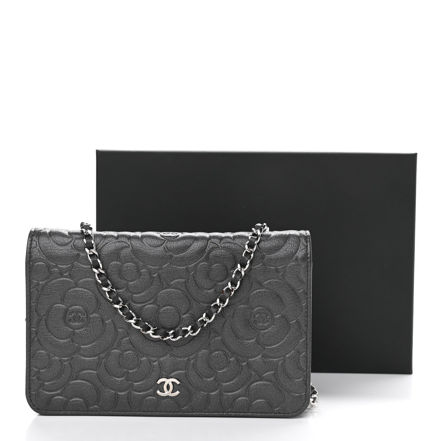 Chanel Goatskin Camellia Embossed Wallet On Chain WOC Grey 12 of 12