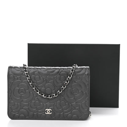 Chanel Goatskin Camellia Embossed Wallet On Chain WOC Grey 12 of 12