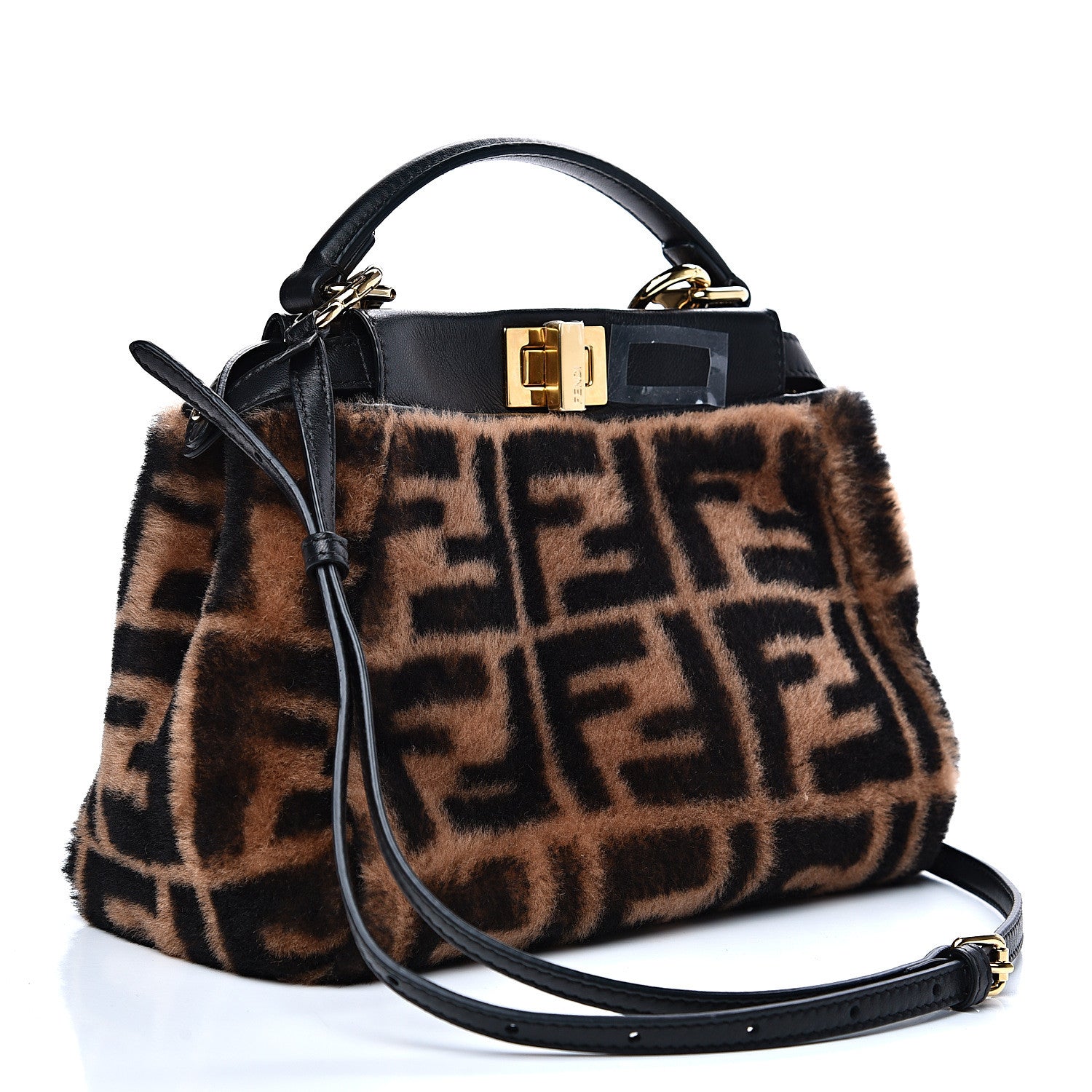 Fendi Shearling Nappa Macro FF 1974 Mini Peekaboo Iconic Satchel Tobacco Black 2 of 8