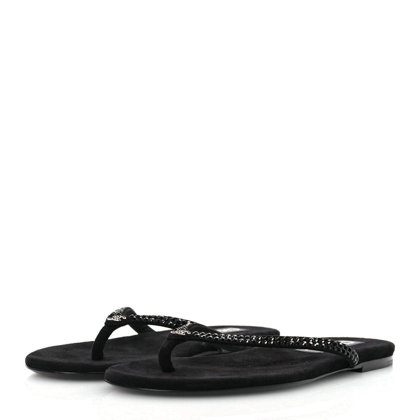 Suede Kidskin Strass CC Thong Sandals 37.5 Black