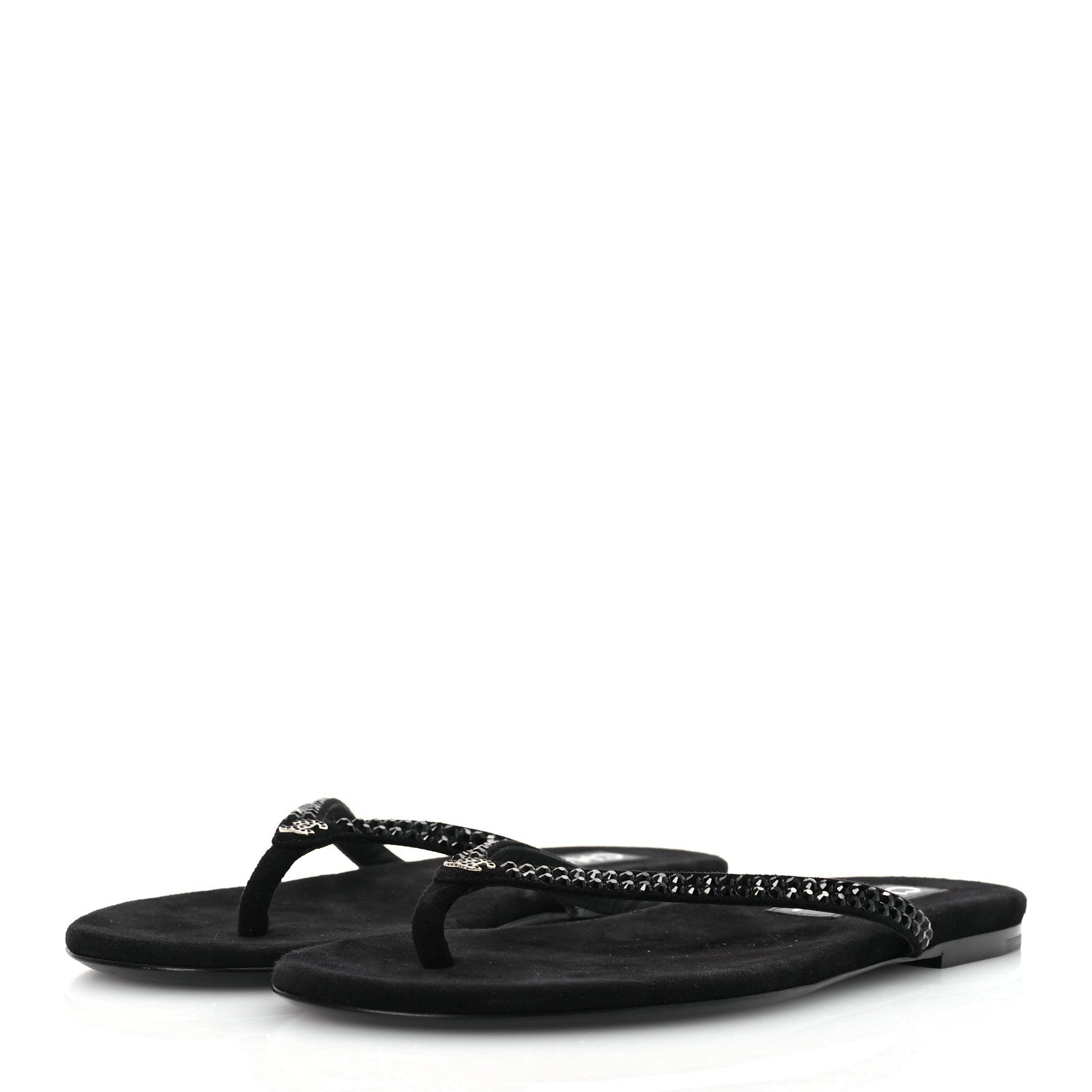 Chanel Suede Kidskin Strass CC Thong Sandals 37.5 Black 4 of 10