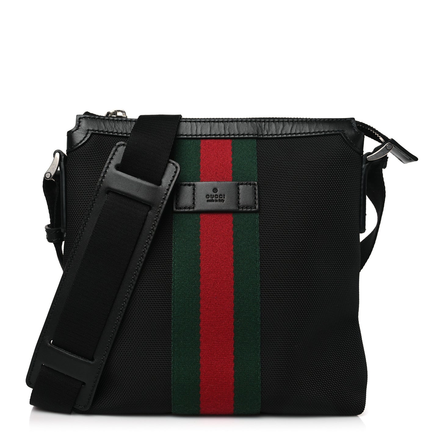 Techno Canvas Selleria Calfskin Web Small Flat Messenger Bag Black