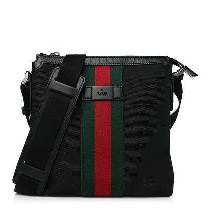 Gucci Techno Canvas Selleria Calfskin Web Small Flat Messenger Bag Black 1 of 9