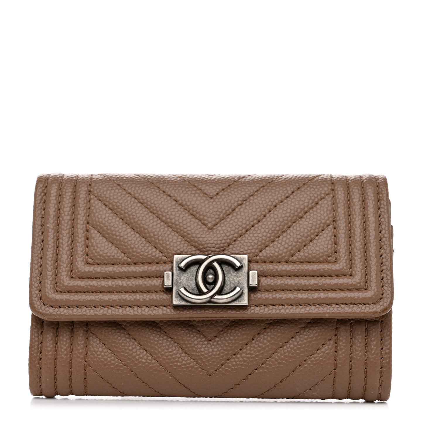 Caviar Chevron Quilted Boy Flap Card Holder Dark Beige