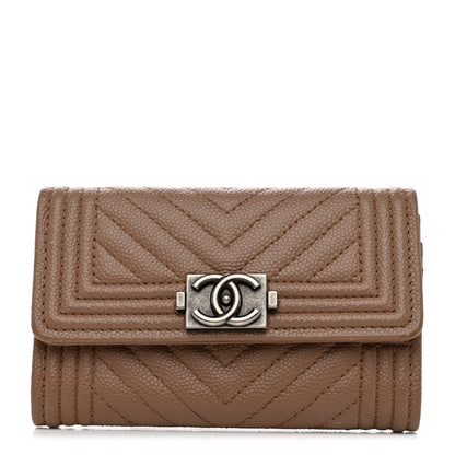 Chanel Caviar Chevron Quilted Boy Flap Card Holder Dark Beige 1 of 8