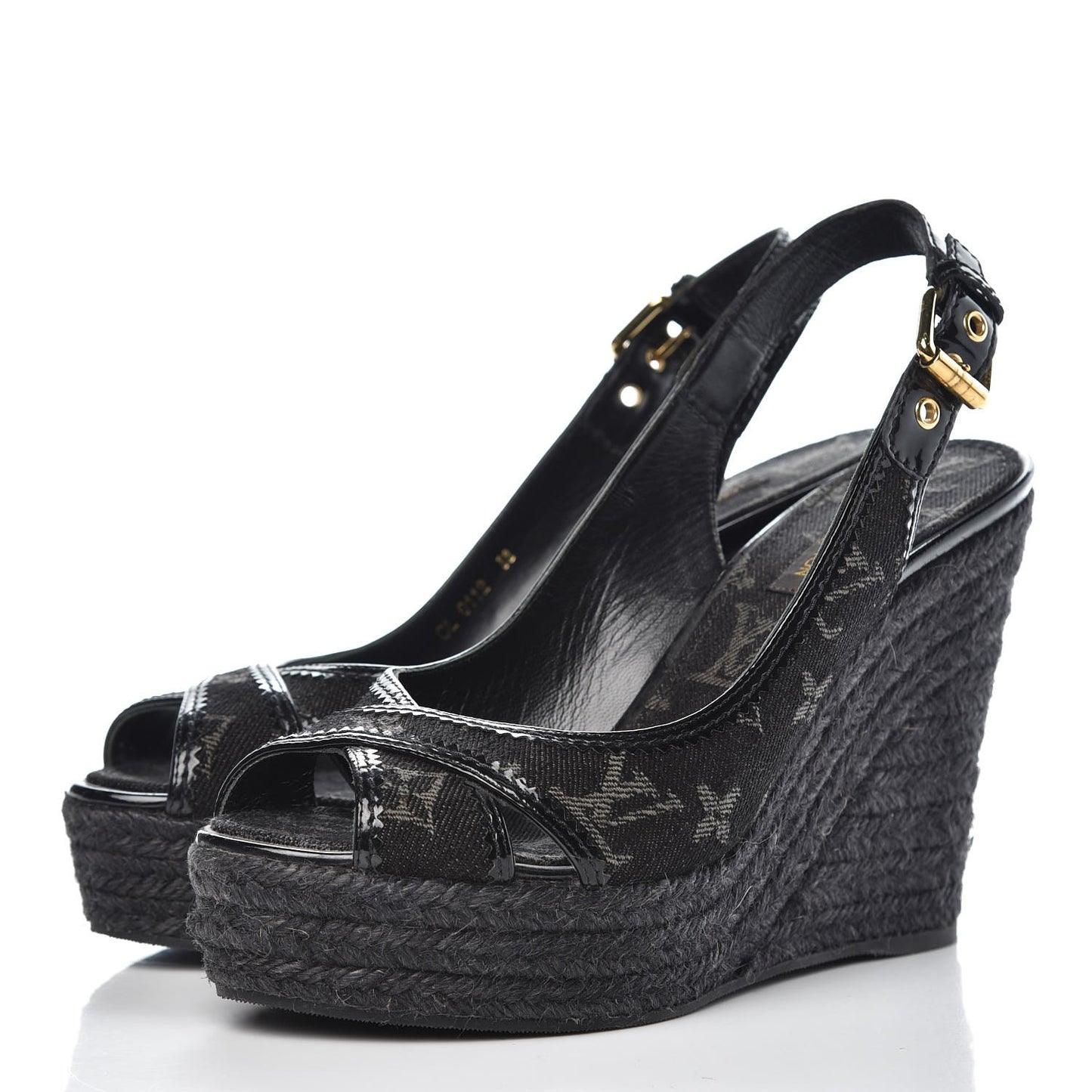 Denim Patent Espadrille Wedges 38 Black
