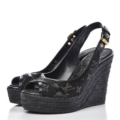 Louis Vuitton Denim Patent Espadrille Wedges 38 Black 3 of 9