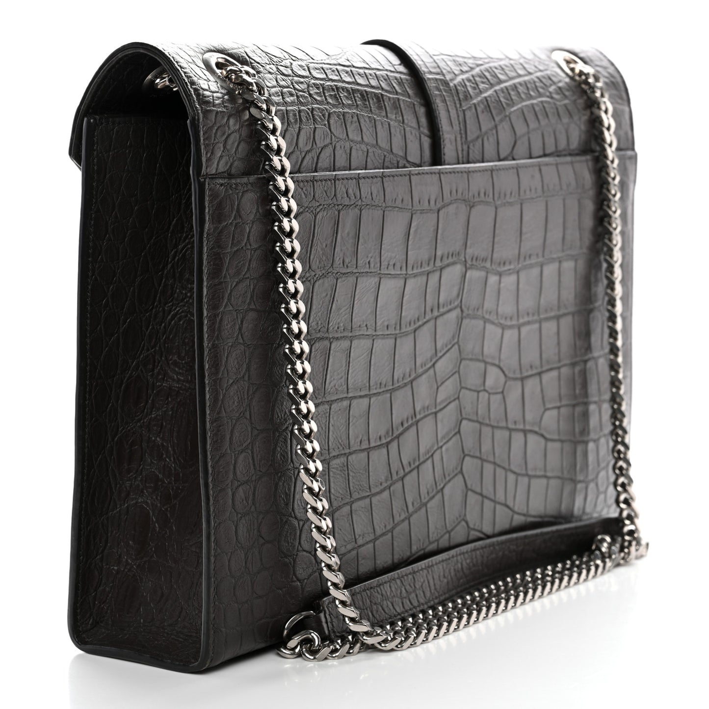 Calfskin Crocodile Embossed Large Monogram Satchel Dark Brown