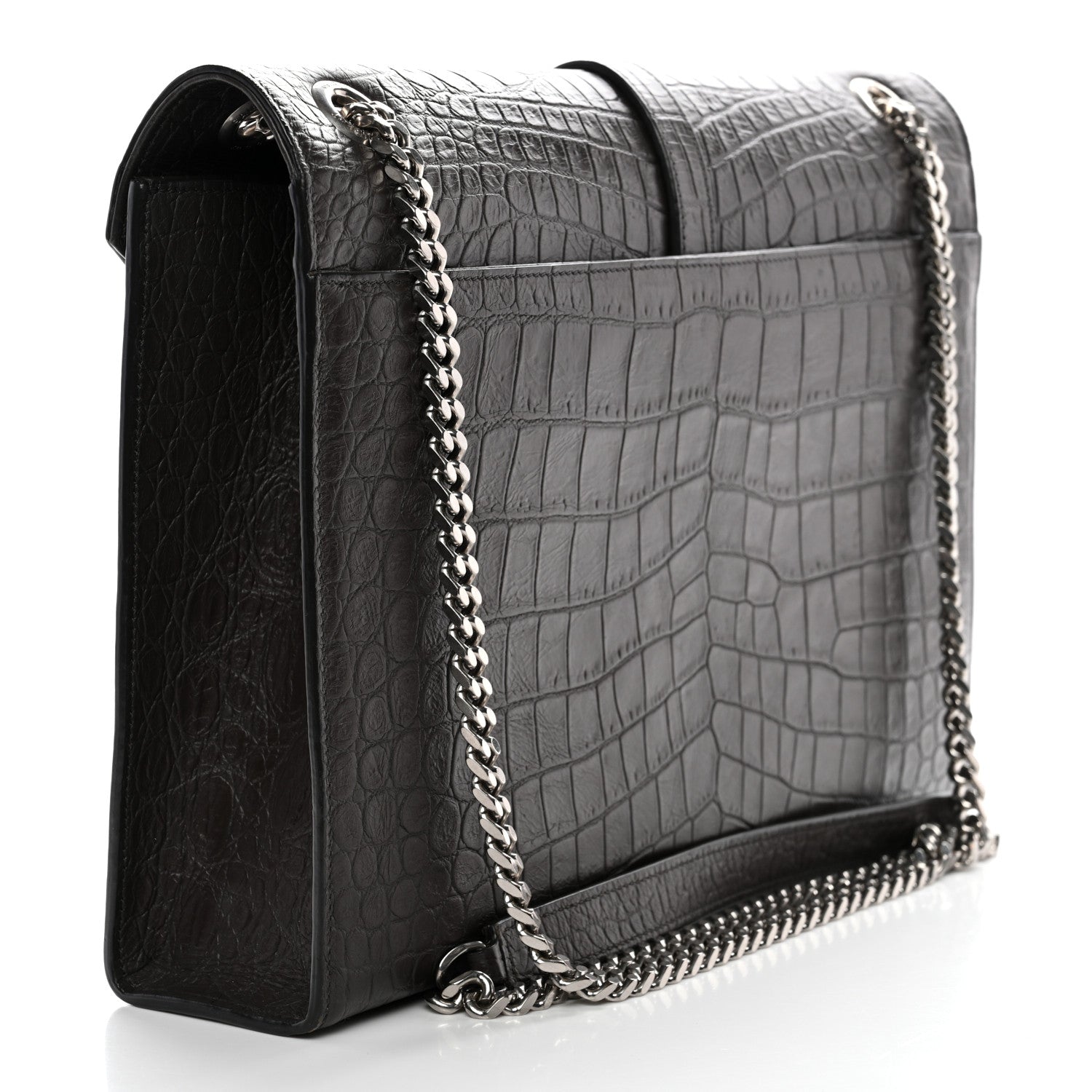 Saint Laurent Calfskin Crocodile Embossed Large Monogram Satchel Dark Brown 3 of 12