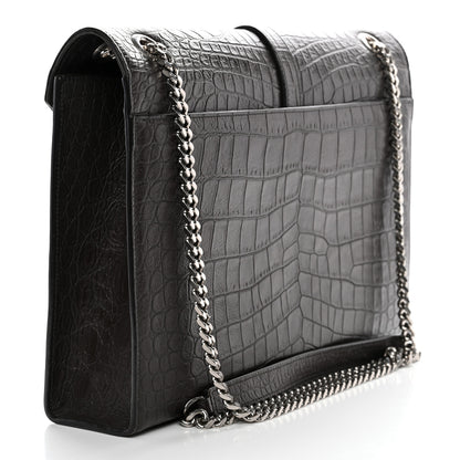 Saint Laurent Calfskin Crocodile Embossed Large Monogram Satchel Dark Brown 3 of 12
