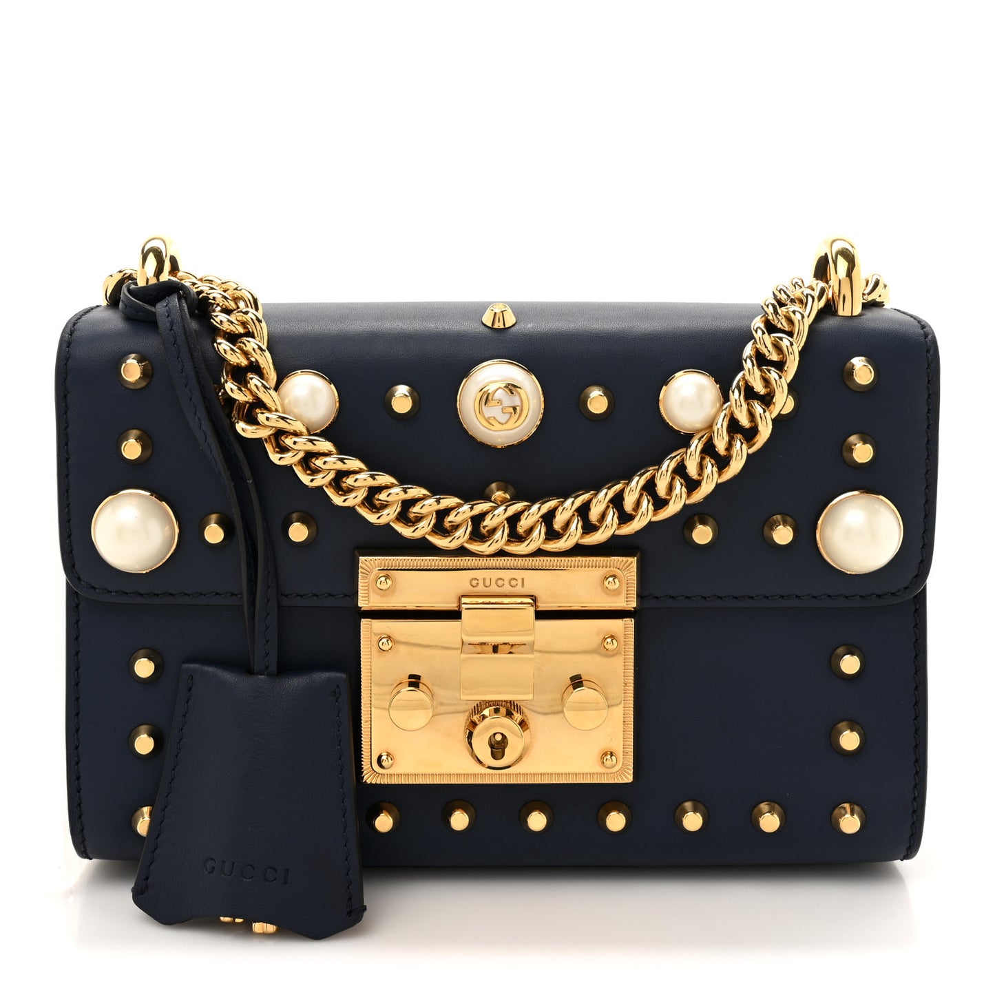 Calfskin Studded Small Padlock Shoulder Bag Blue Agata