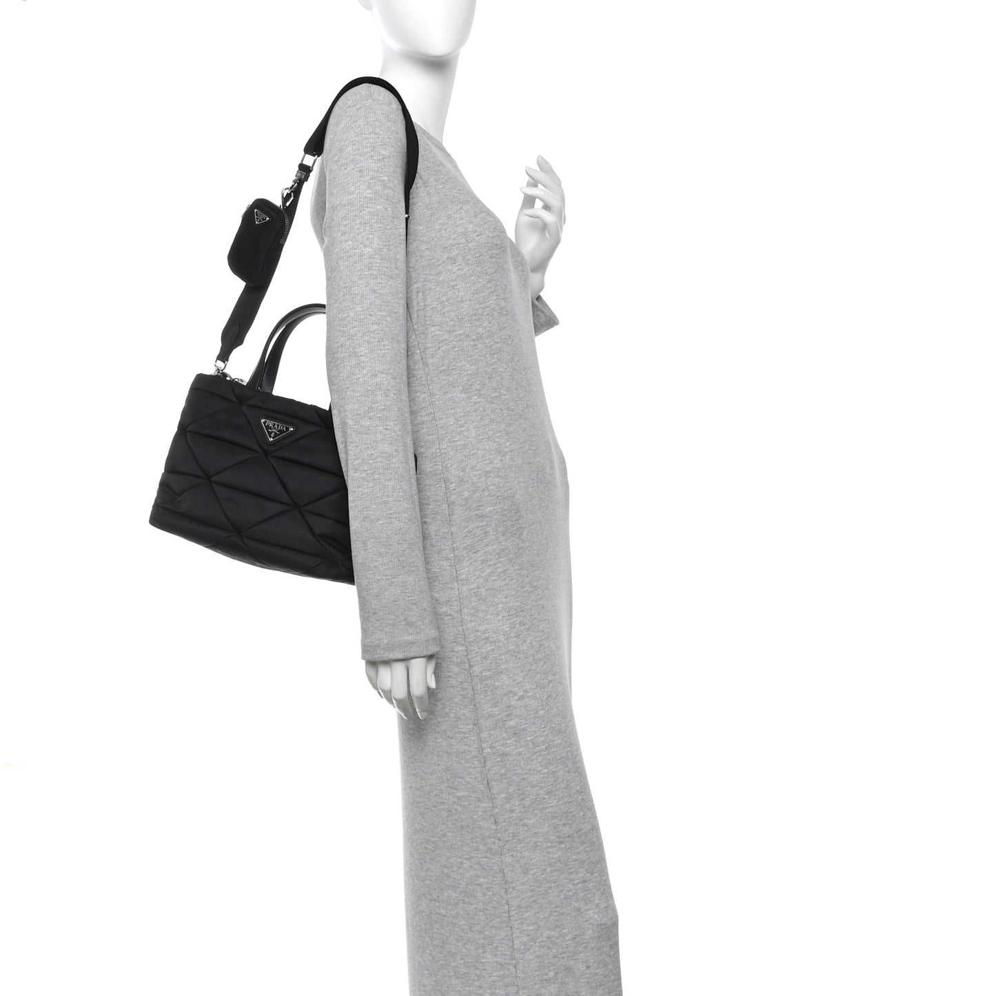 Re-Nylon Nappa Triangle Quilted Padded Double Handled Zip Pocket Tote Black