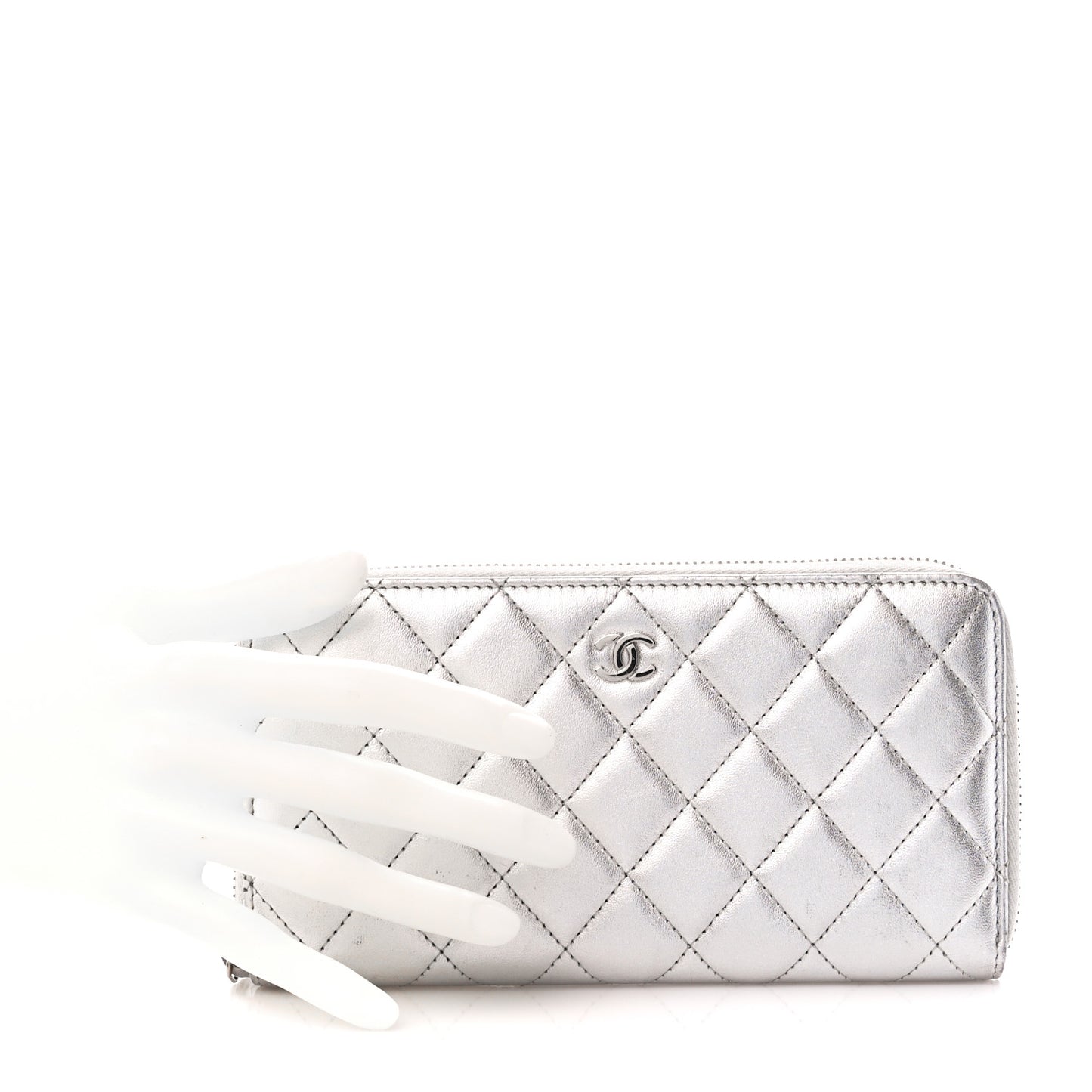 Metallic Lambskin Quilted Large Gusset Zip Around Wallet Silver