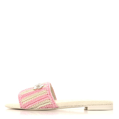Chanel Crochet Striped Enamel Camellia Mules Sandals 37.5 Ivory Pink 1 of 9