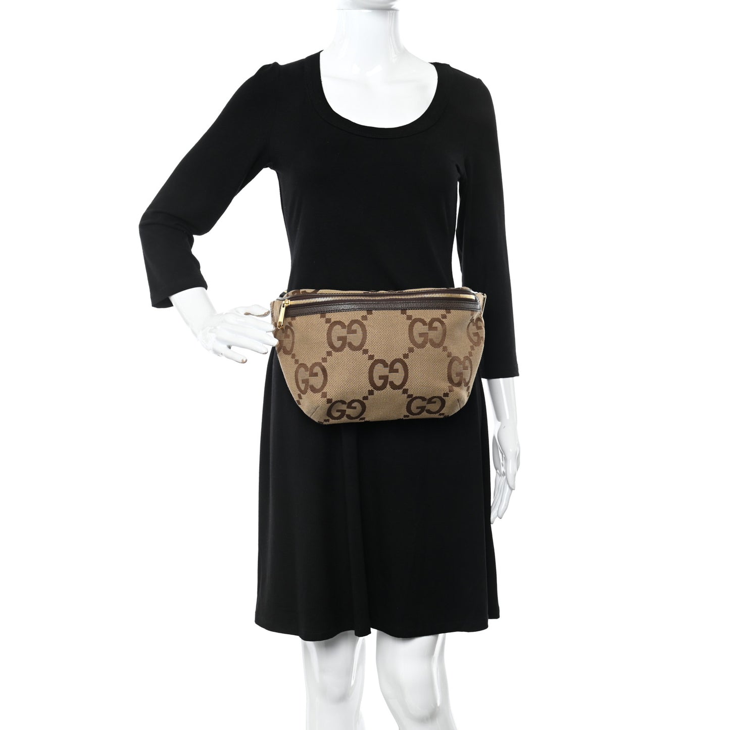 Monogram Jumbo GG Textured Dollar Calfskin Web Belt Bag Camel Ebony New Acero