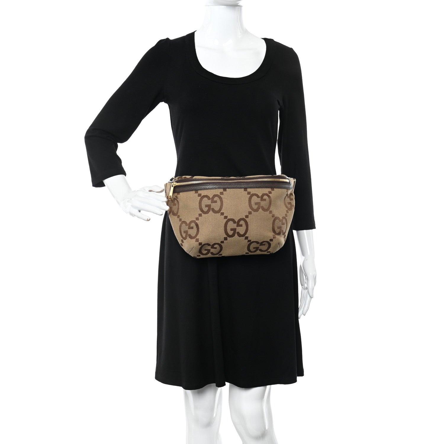 Gucci Monogram Jumbo GG Textured Dollar Calfskin Web Belt Bag Camel Ebony New Acero 2 of 10