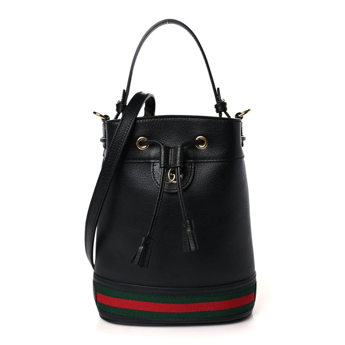 Glazed Textured Calfskin Web Small Ophidia Bucket Bag Black