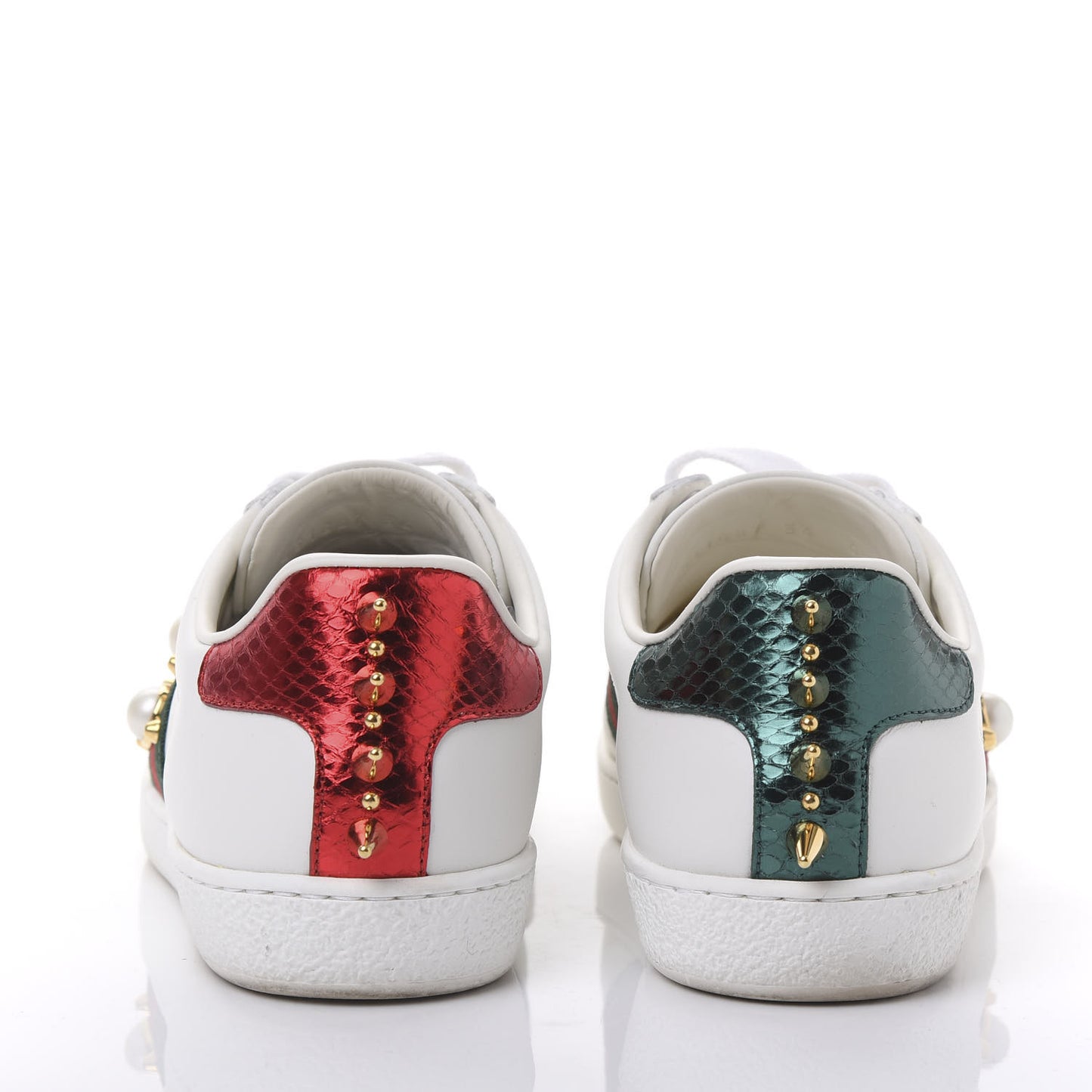 Calfskin Web Pearl Studded Womens Ace Sneakers 36 White